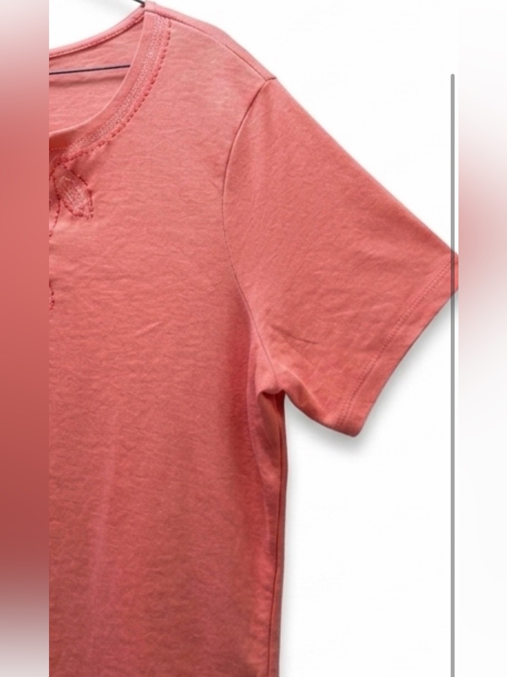 Bedford Fair Cotton Blend Tribal Embroidered V-Neck Tee - Coral Pink - Size XL - Picture 3 of 6